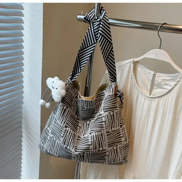 Large Capacity Plaid Canvas Shoulder Bag Women 2024 - Image 3