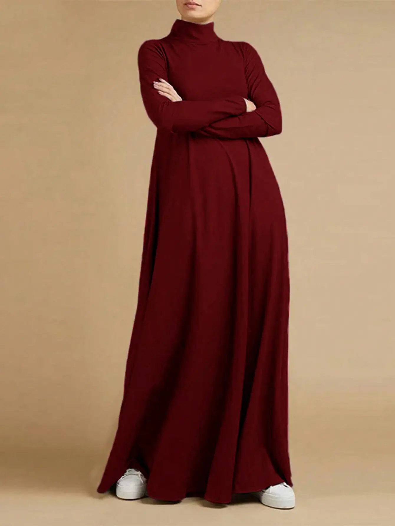 Muslim Long Sleeve High Collar Dress Grey - Image 2