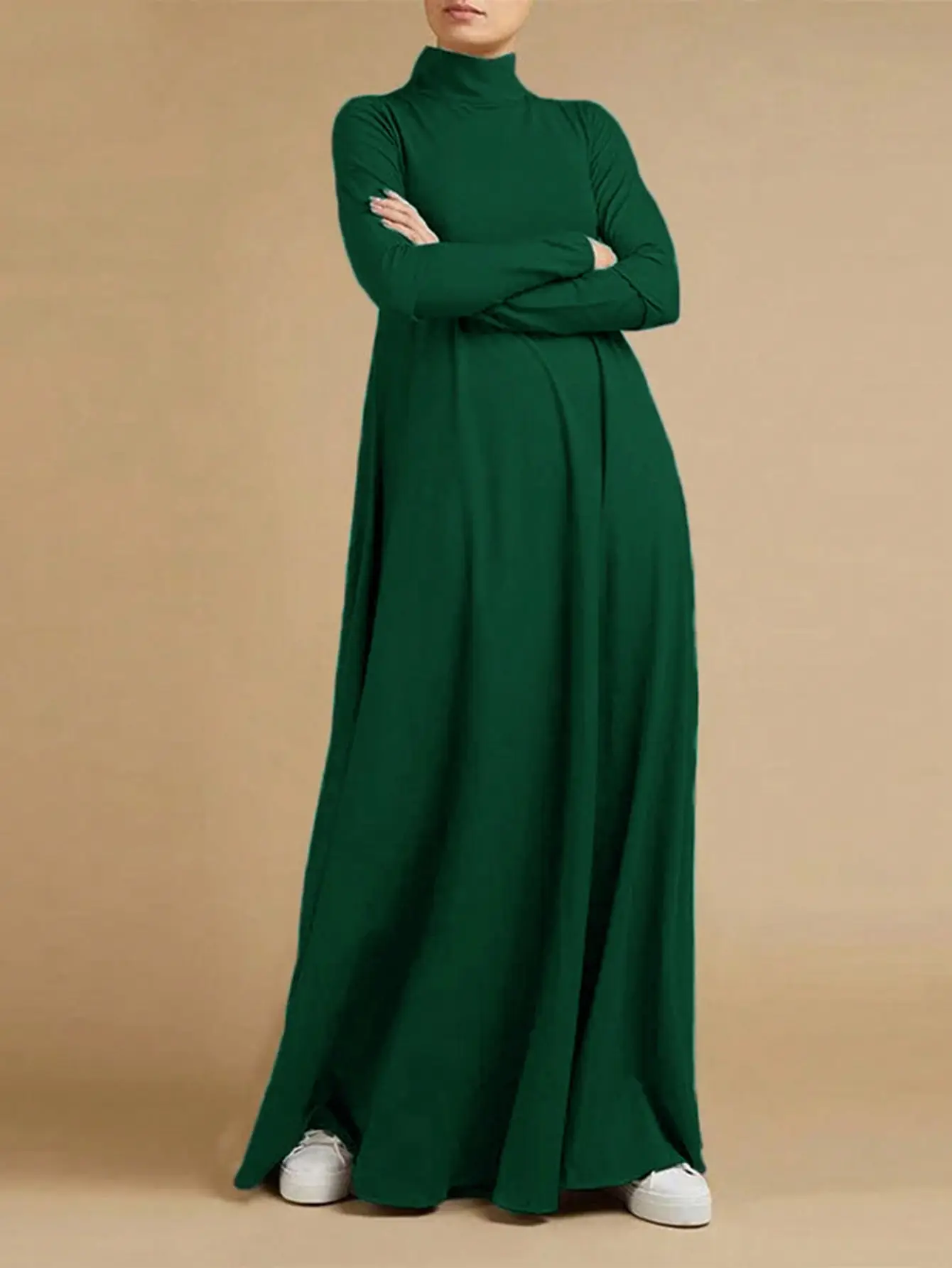 Muslim Long Sleeve High Collar Dress Grey - Image 3