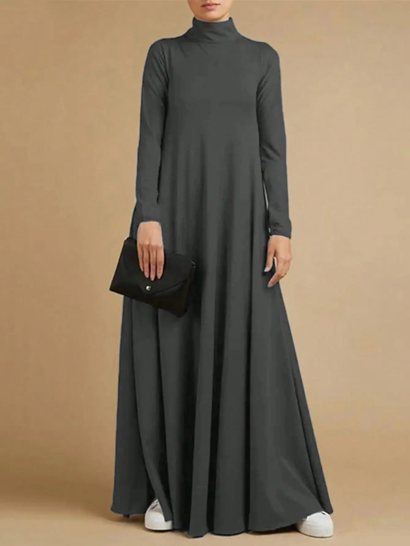 Muslim Long Sleeve High Collar Dress Grey — feature 26