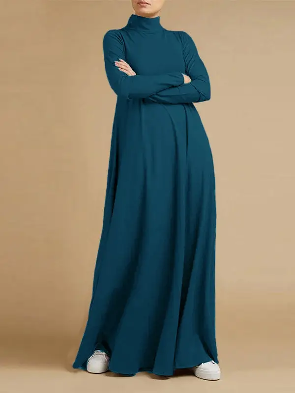 Muslim Long Sleeve High Collar Dress Grey - Image 4