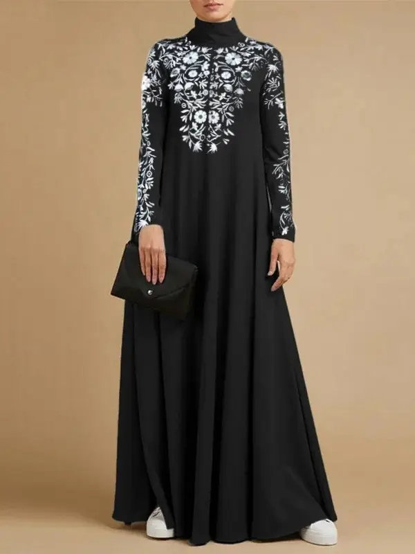 Muslim Long Sleeve High Collar Dress Grey - Image 9