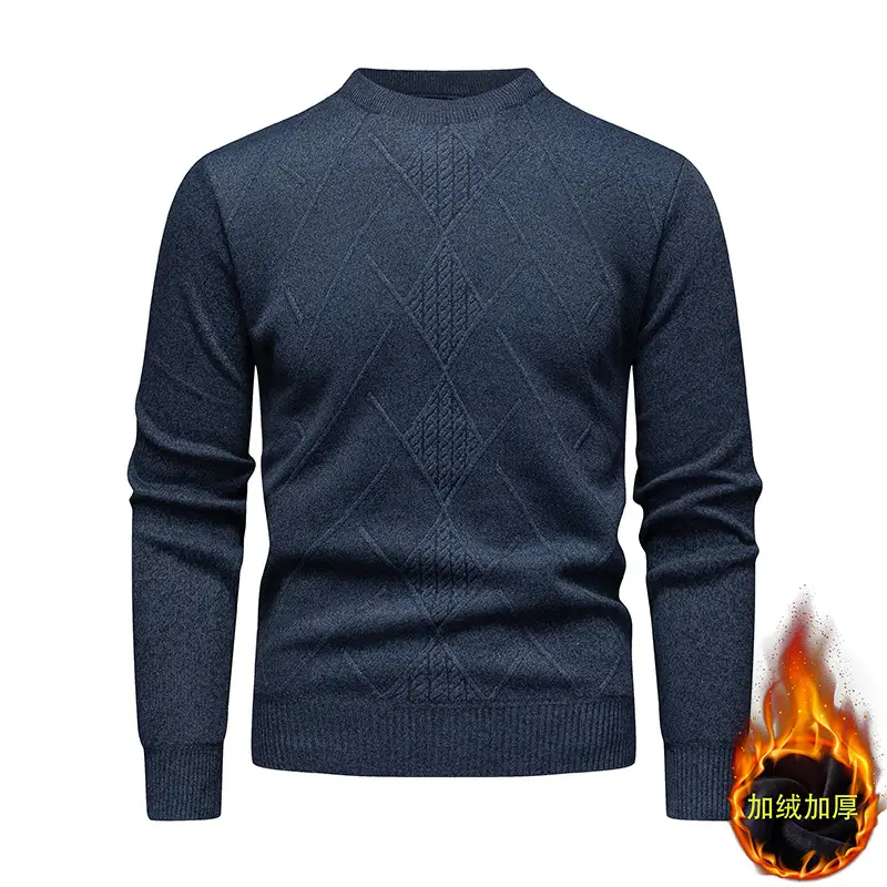 Men's Fleece Lined Rhombic Sweater Solid Color - Image 7