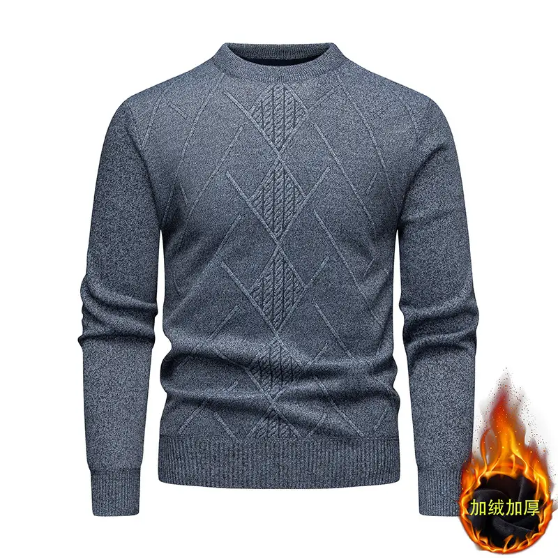 Men's Fleece Lined Rhombic Sweater Solid Color - Image 8