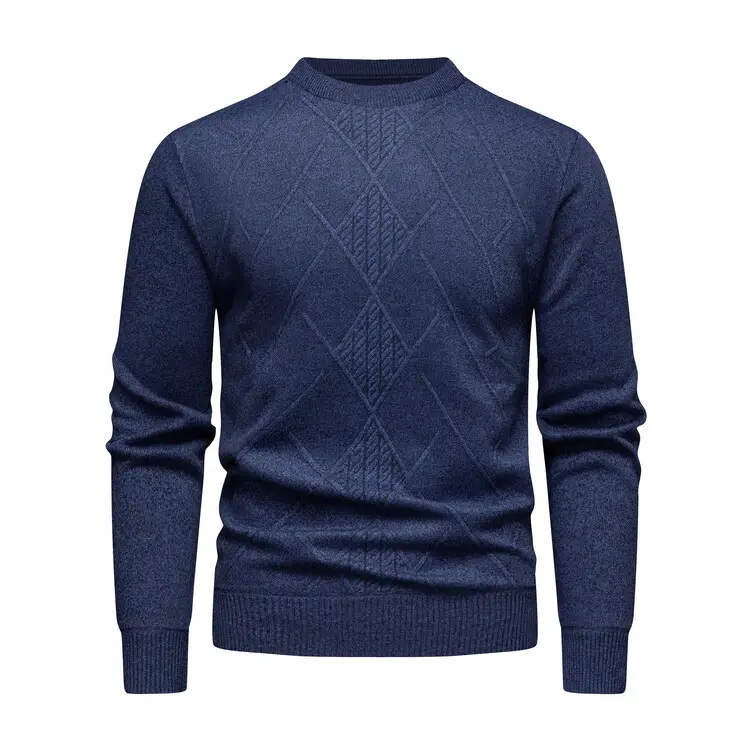 Men's Fleece Lined Rhombic Sweater Solid Color - Image 3