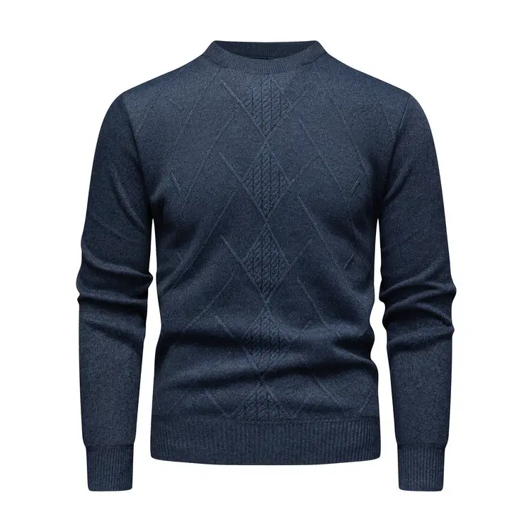 Men's Fleece Lined Rhombic Sweater Solid Color - Image 4