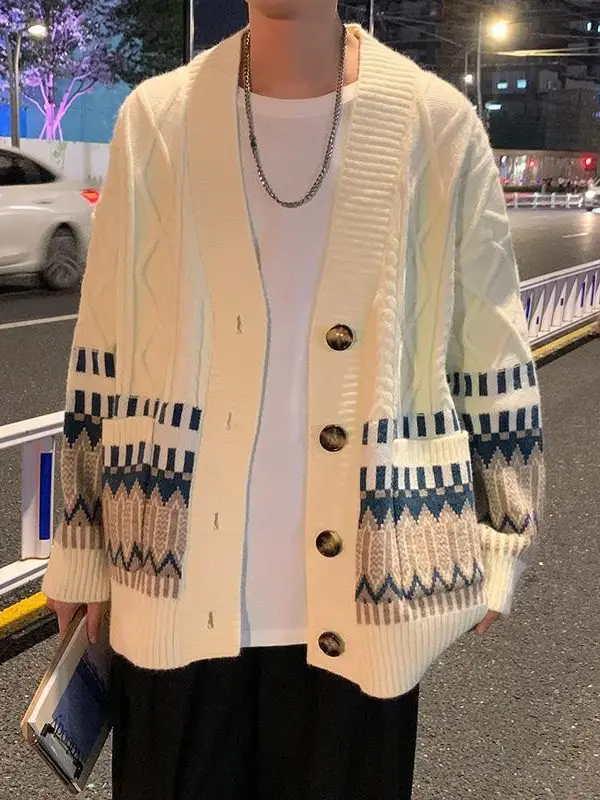 Men's Cream Knit Cardigan Jacket Loose All Season