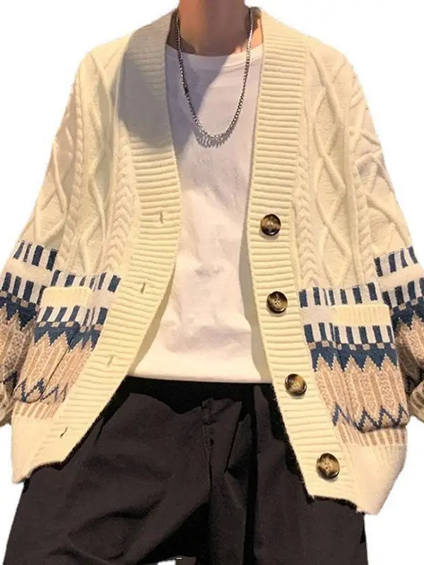 Men's Cream Knit Cardigan Jacket Loose All Season