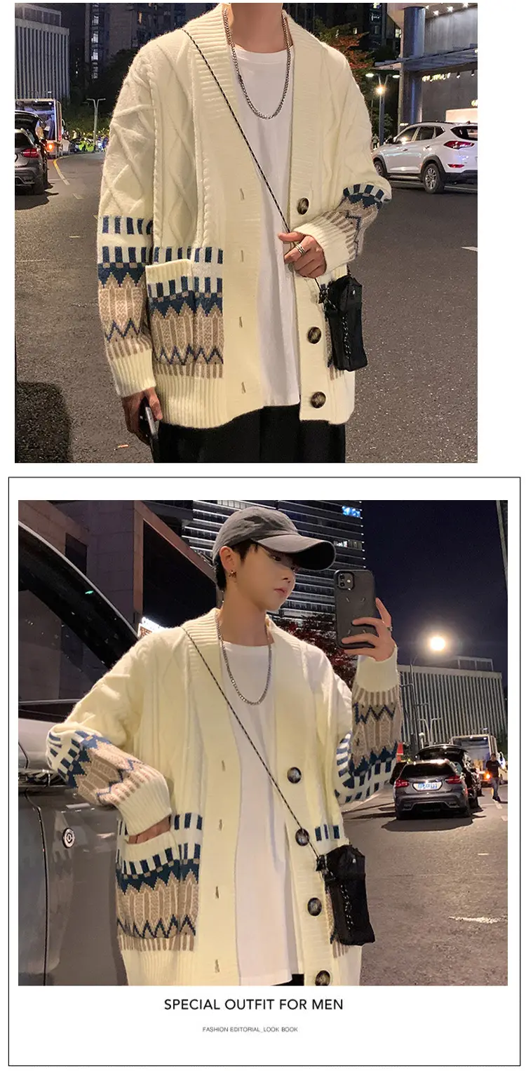 Men's Cream Knit Cardigan Jacket Loose All Season — feature 5