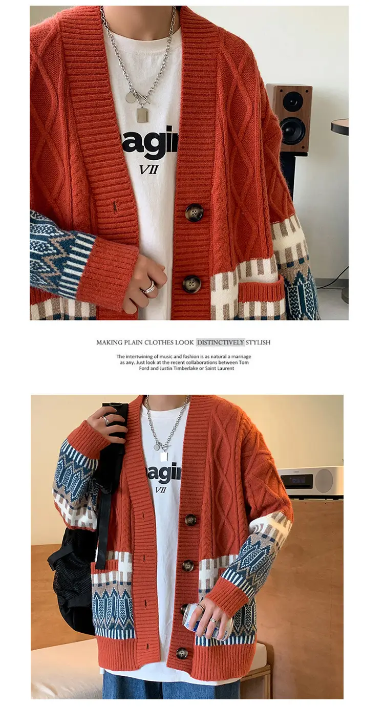 Men's Cream Knit Cardigan Jacket Loose All Season — feature 6