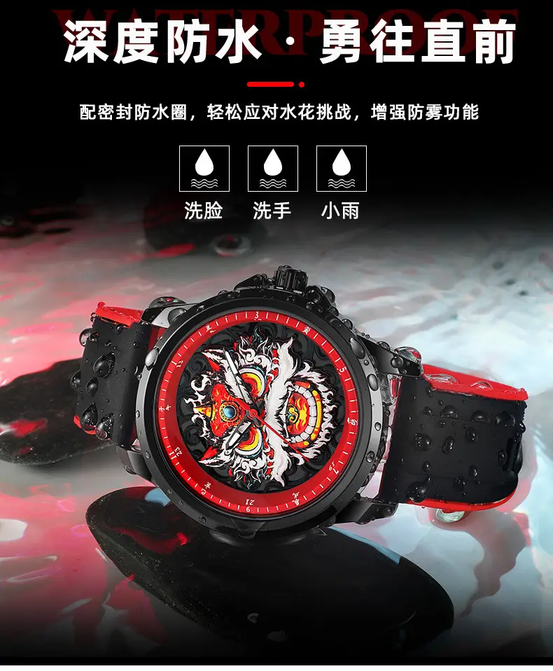 Waterproof Dragon Design Men's Watch Black Red — feature 7
