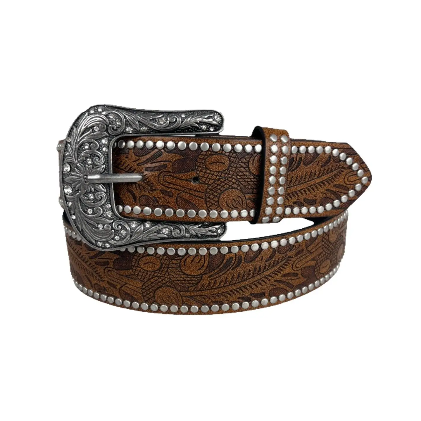Western Denim Buckle Belt Embossed Studs Brown - Image 7