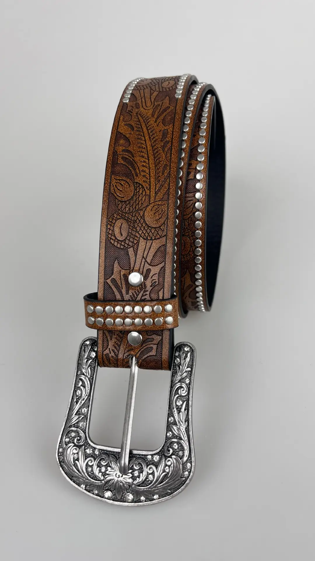 Western Denim Buckle Belt Embossed Studs Brown — feature 1
