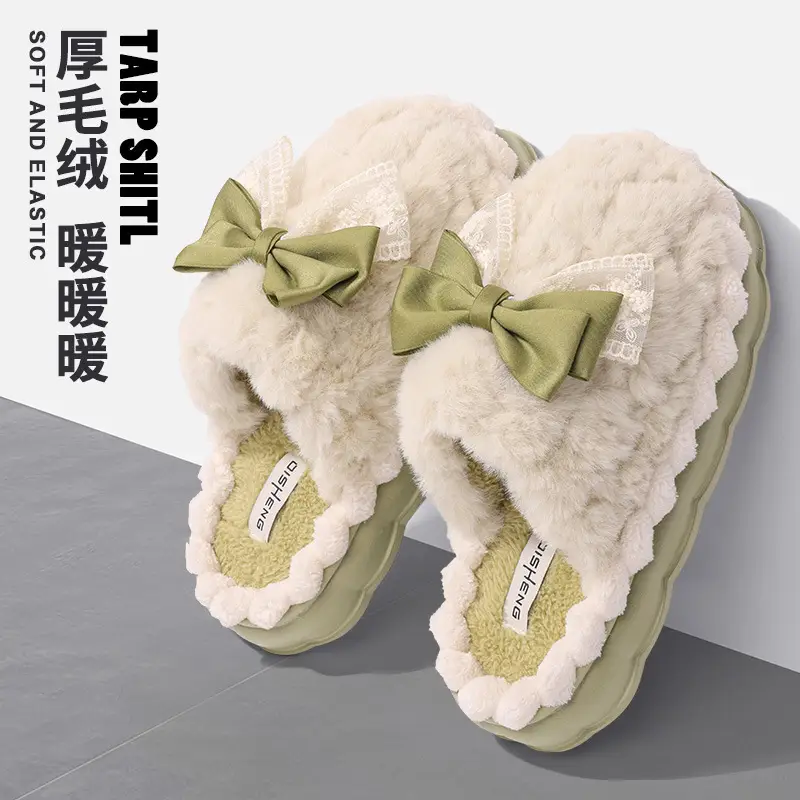 Light Luxury Cotton Slippers with Poop Feeling, Home Bow Fleece-Lined Warm Cotton Slippers for Couples, Indoor Non-Slip Women's Autumn and Winter