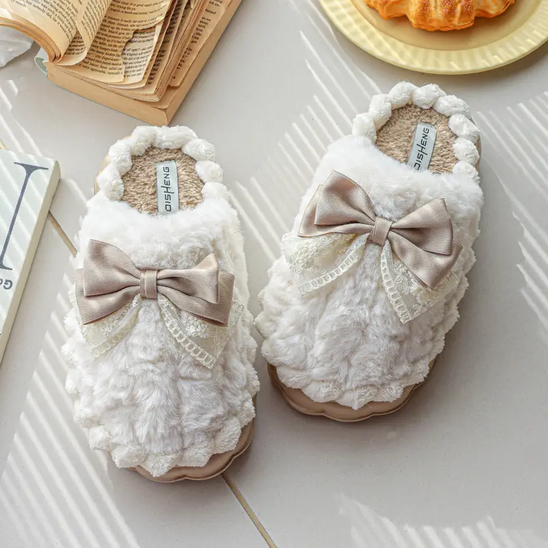 Light Luxury Cotton Slippers with Poop Feeling, Home Bow Fleece-Lined Warm Cotton Slippers for Couples, Indoor Non-Slip Women's Autumn and Winter