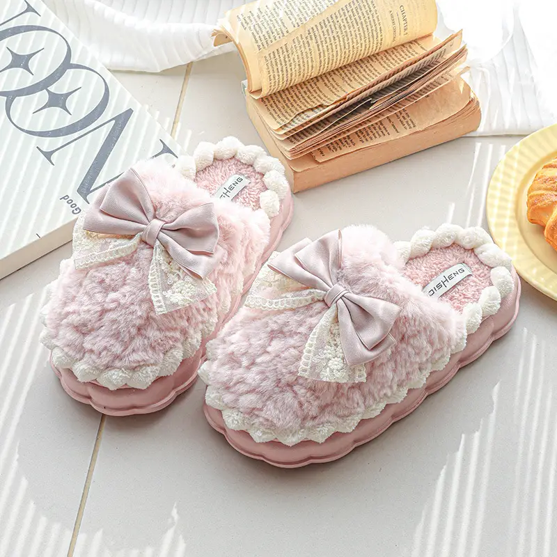 Light Luxury Cotton Slippers with Poop Feeling, Home Bow Fleece-Lined Warm Cotton Slippers for Couples, Indoor Non-Slip Women's Autumn and Winter