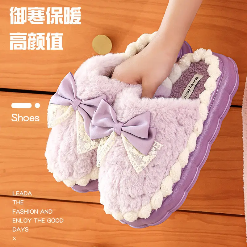 Light Luxury Cotton Slippers with Poop Feeling, Home Bow Fleece-Lined Warm Cotton Slippers for Couples, Indoor Non-Slip Women's Autumn and Winter — feature 11