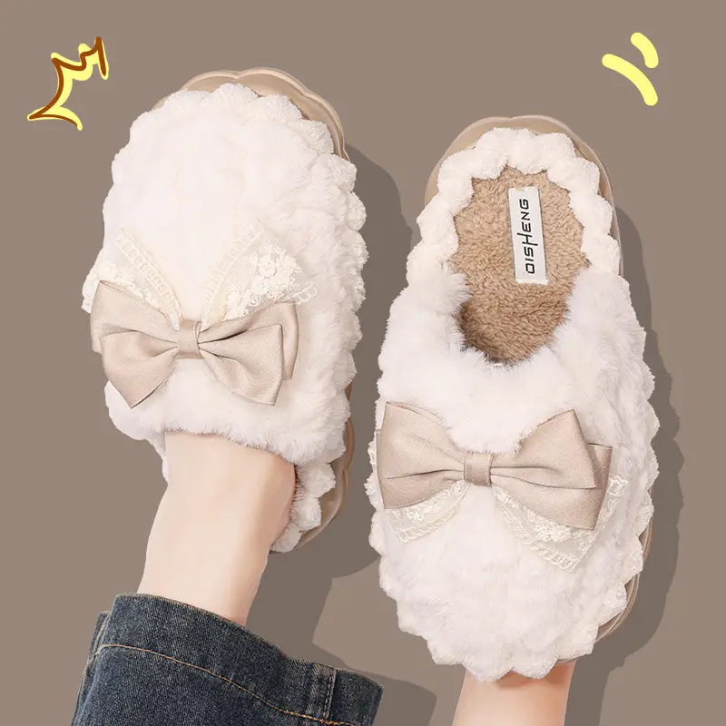Light Luxury Cotton Slippers with Poop Feeling, Home Bow Fleece-Lined Warm Cotton Slippers for Couples, Indoor Non-Slip Women's Autumn and Winter — feature 14