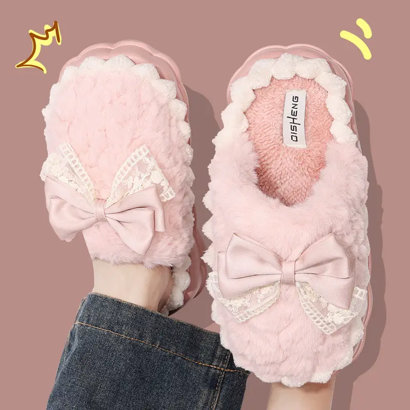 Light Luxury Cotton Slippers with Poop Feeling, Home Bow Fleece-Lined Warm Cotton Slippers for Couples, Indoor Non-Slip Women's Autumn and Winter — feature 15