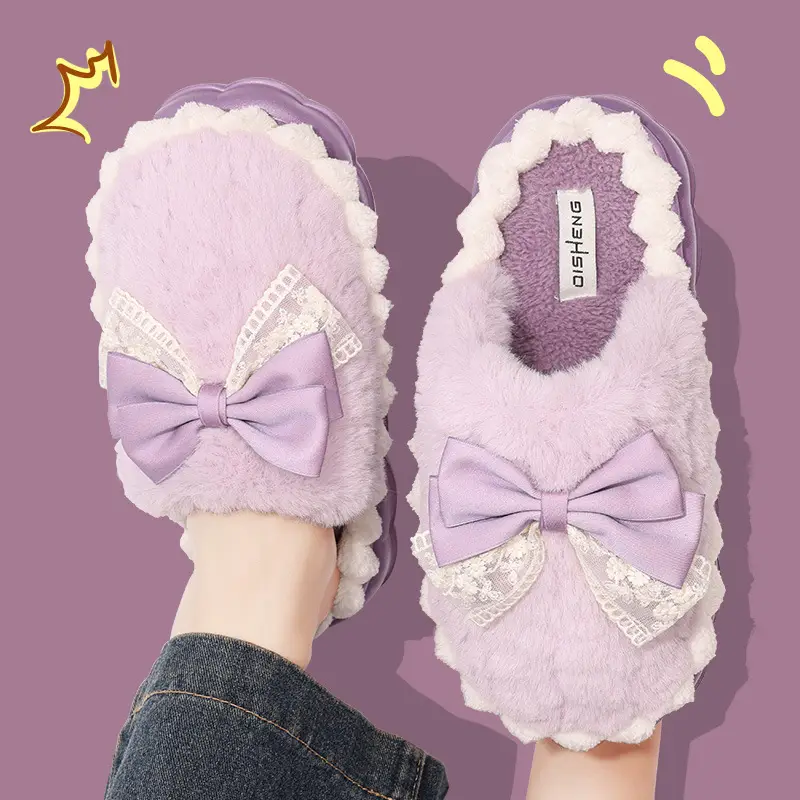 Light Luxury Cotton Slippers with Poop Feeling, Home Bow Fleece-Lined Warm Cotton Slippers for Couples, Indoor Non-Slip Women's Autumn and Winter — feature 16