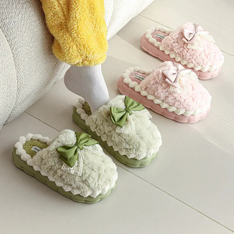 Light Luxury Cotton Slippers with Poop Feeling, Home Bow Fleece-Lined Warm Cotton Slippers for Couples, Indoor Non-Slip Women's Autumn and Winter — feature 3