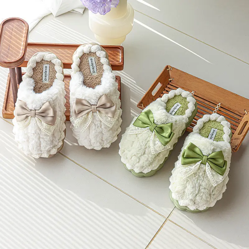 Light Luxury Cotton Slippers with Poop Feeling, Home Bow Fleece-Lined Warm Cotton Slippers for Couples, Indoor Non-Slip Women's Autumn and Winter — feature 4