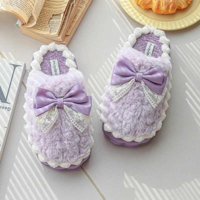 Light Luxury Cotton Slippers with Poop Feeling, Home Bow Fleece-Lined Warm Cotton Slippers for Couples, Indoor Non-Slip Women's Autumn and Winter — feature 7