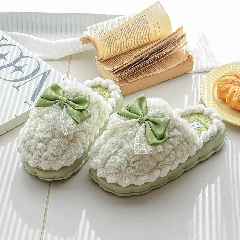 Light Luxury Cotton Slippers with Poop Feeling, Home Bow Fleece-Lined Warm Cotton Slippers for Couples, Indoor Non-Slip Women's Autumn and Winter — feature 9