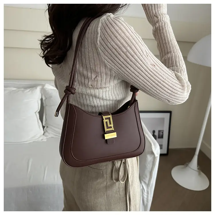 Brown Leather Shoulder Crossbody Bag with Gold Clasp — feature 17