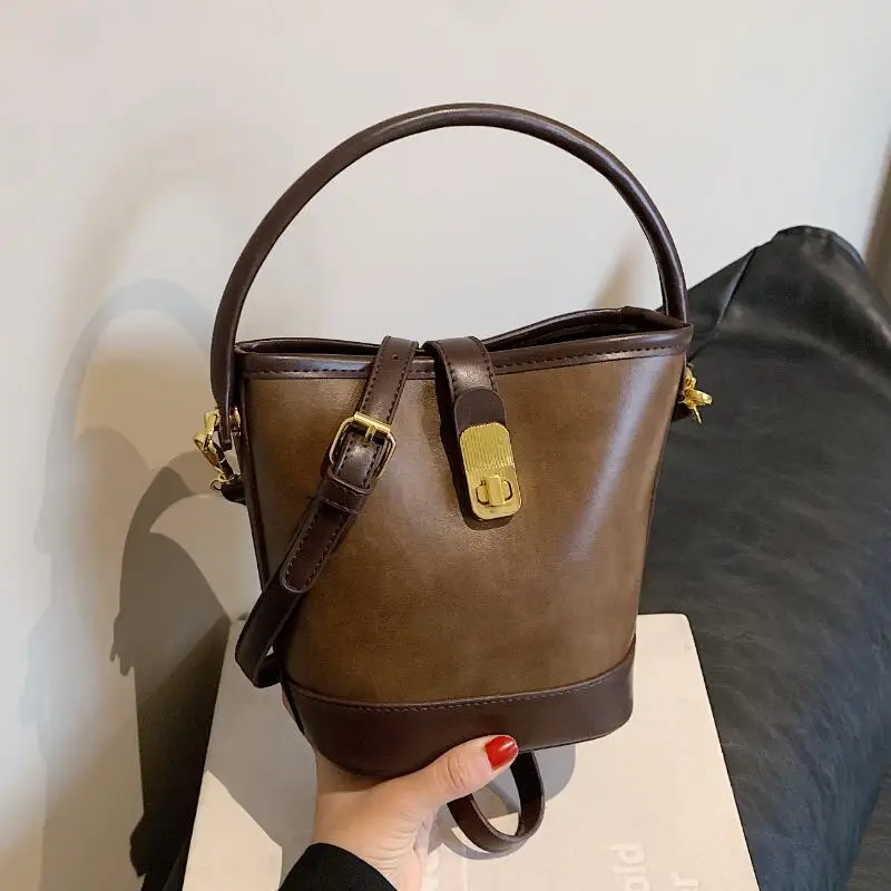 Retro Bucket Bag Women Texturized Lock Buckle Crossbody - Image 5
