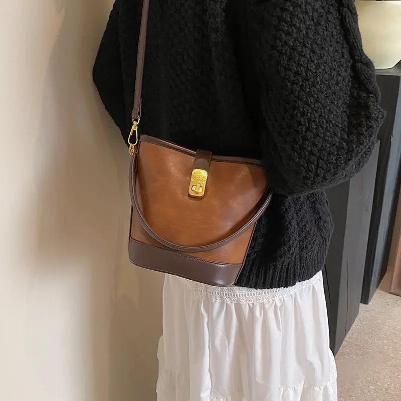 Retro Bucket Bag Women Texturized Lock Buckle Crossbody - Image 6