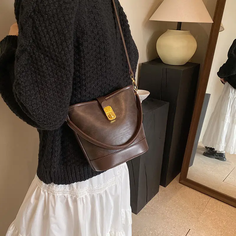 Retro Bucket Bag Women Texturized Lock Buckle Crossbody - Image 7