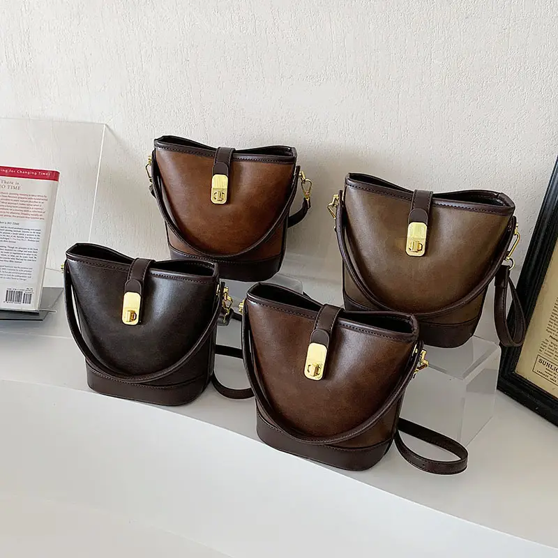Retro Bucket Bag Women Texturized Lock Buckle Crossbody - Image 8