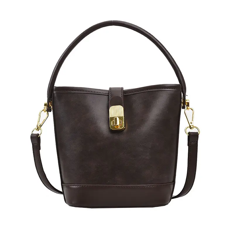 Retro Bucket Bag Women Texturized Lock Buckle Crossbody - Image 9