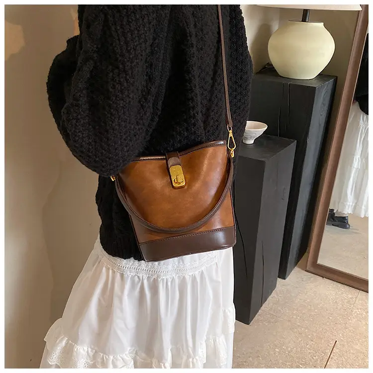 Retro Bucket Bag Women Texturized Lock Buckle Crossbody — feature 16