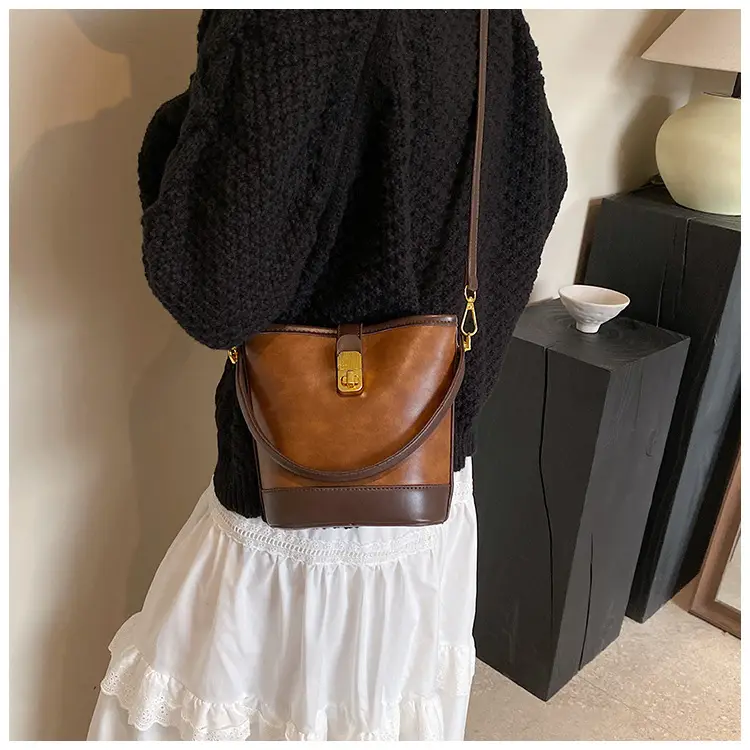 Retro Bucket Bag Women Texturized Lock Buckle Crossbody — feature 17