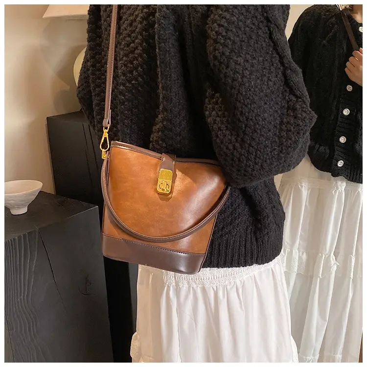 Retro Bucket Bag Women Texturized Lock Buckle Crossbody — feature 18