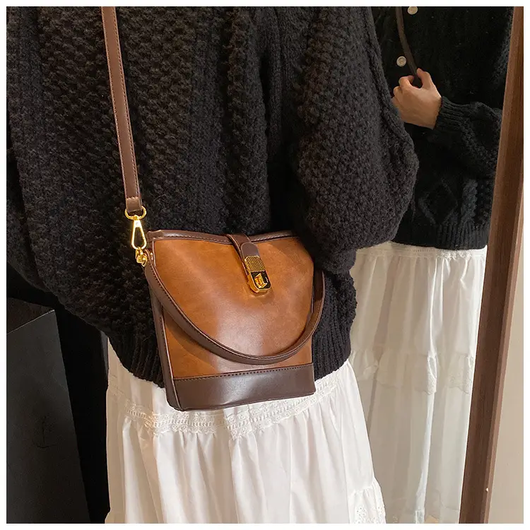 Retro Bucket Bag Women Texturized Lock Buckle Crossbody — feature 19