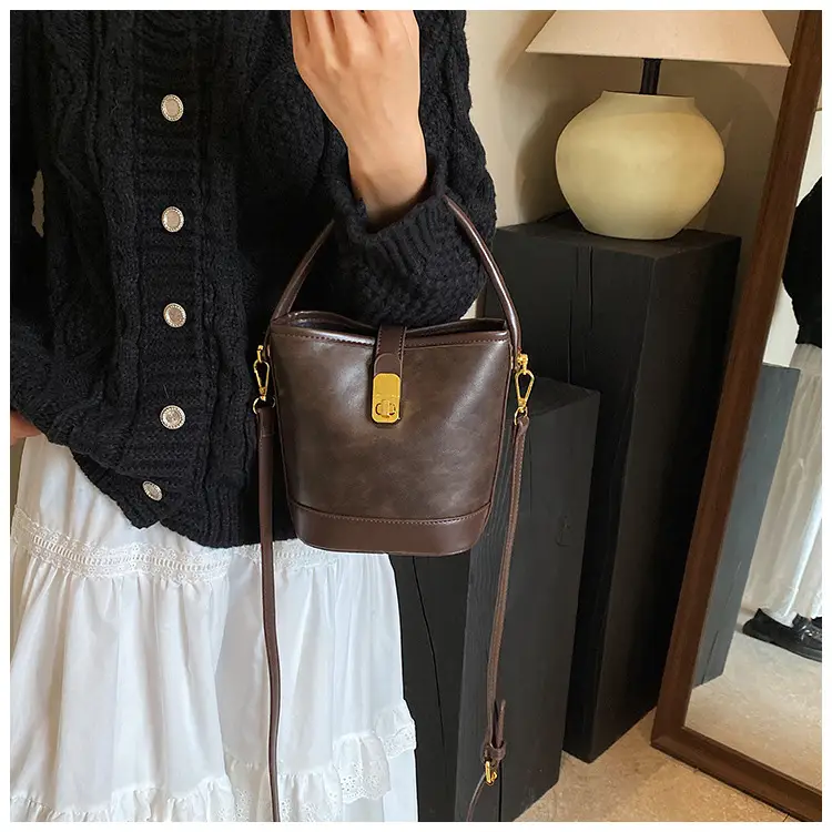 Retro Bucket Bag Women Texturized Lock Buckle Crossbody — feature 20