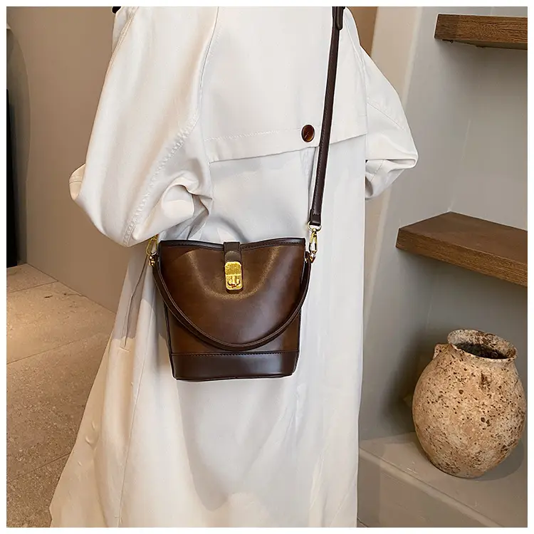 Retro Bucket Bag Women Texturized Lock Buckle Crossbody — feature 25