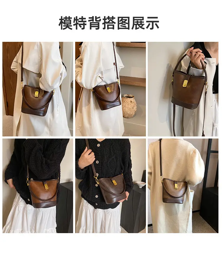 Retro Bucket Bag Women Texturized Lock Buckle Crossbody — feature 3
