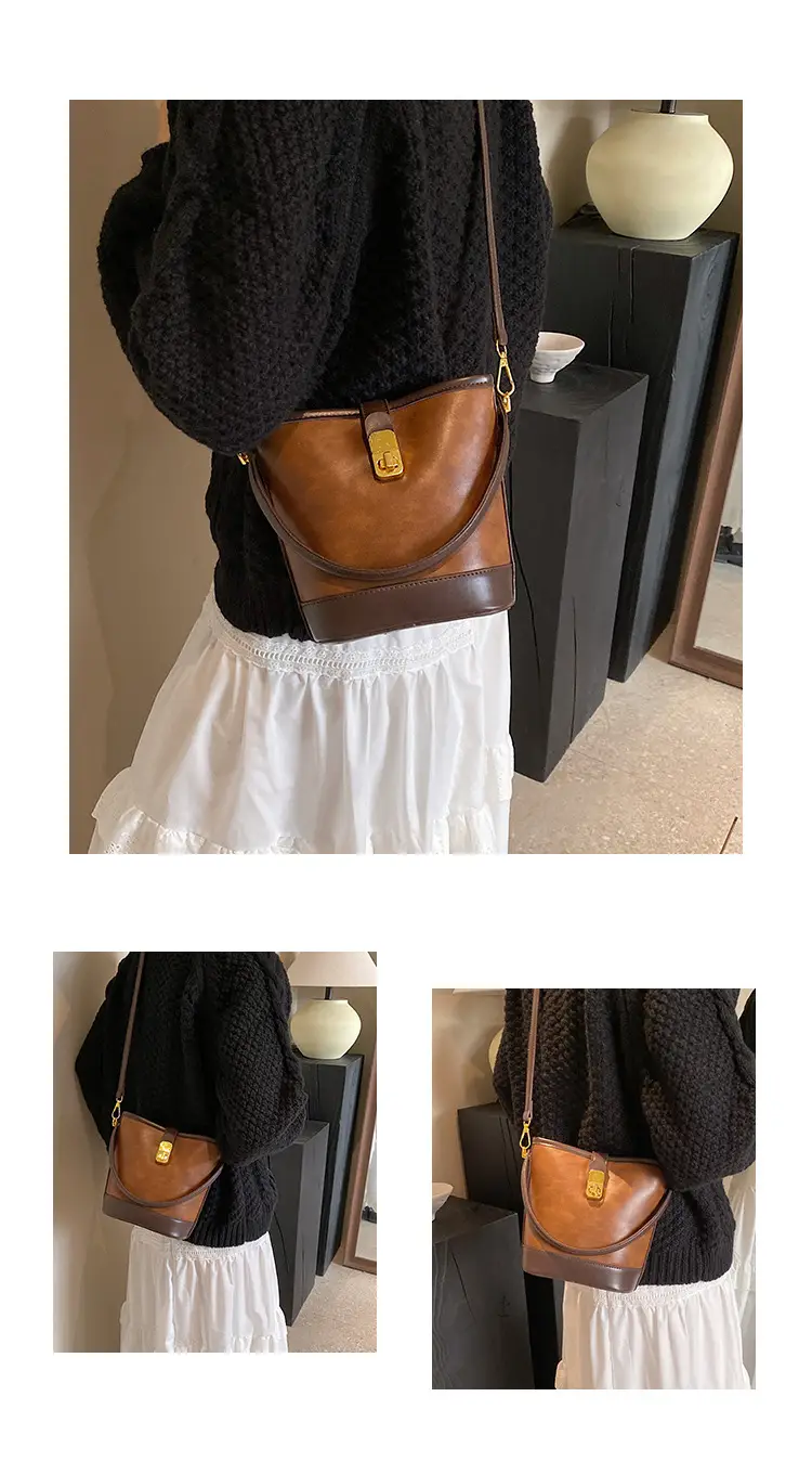 Retro Bucket Bag Women Texturized Lock Buckle Crossbody — feature 7