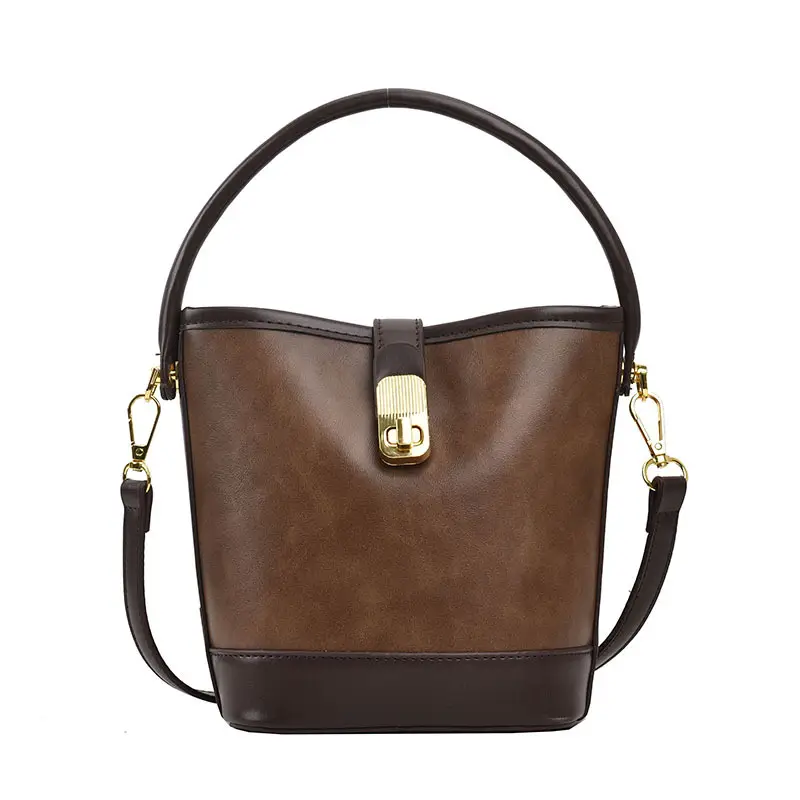 Retro Bucket Bag Women Texturized Lock Buckle Crossbody - Image 3