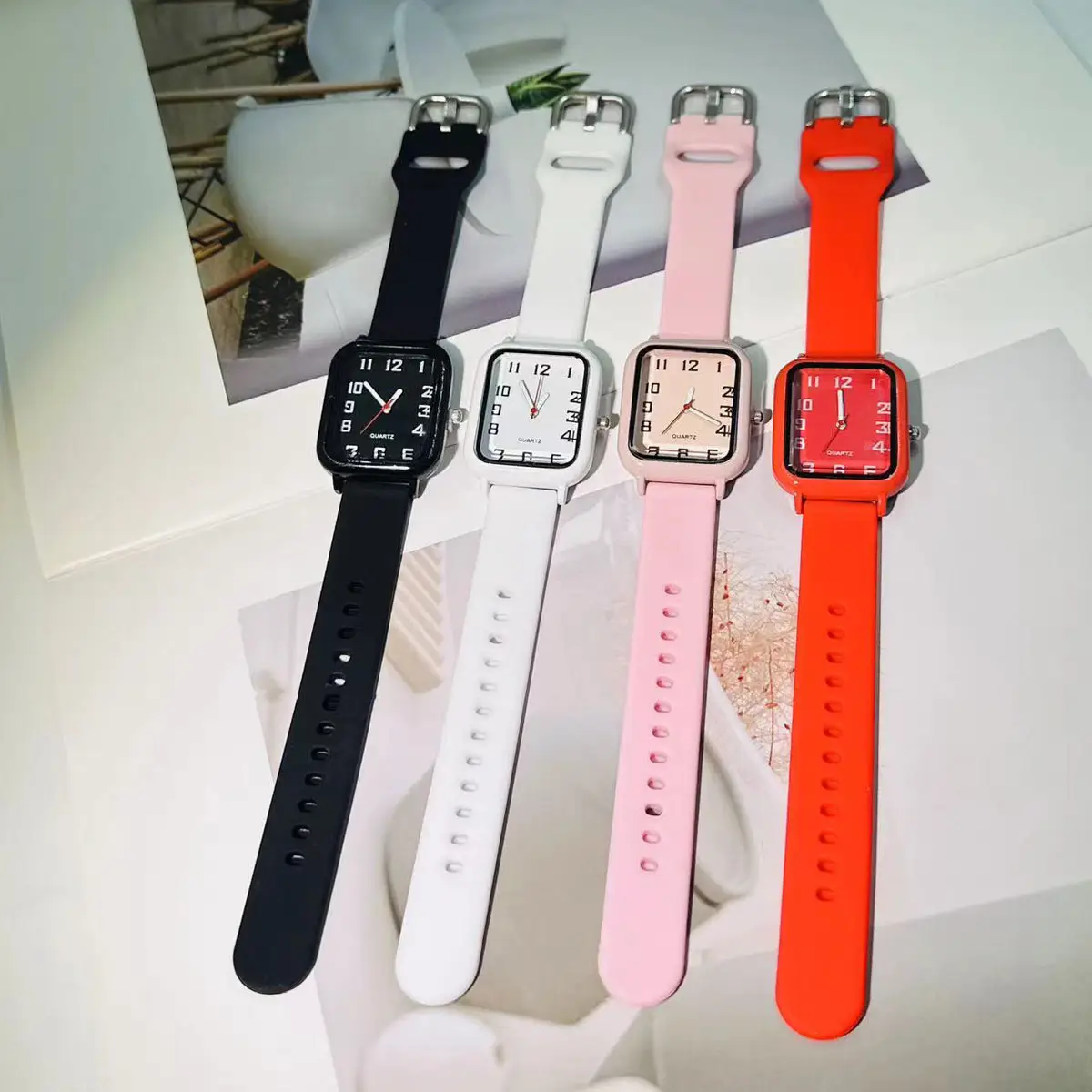 Red Rectangular Quartz Watch for Men Women — feature 2