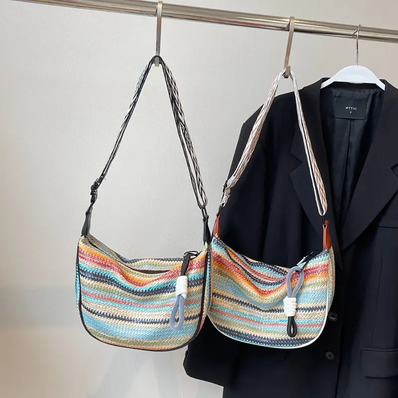 Rainbow Straw Bag Women's 2025 New Fashion Underarm Shoulder Bag - Image 4
