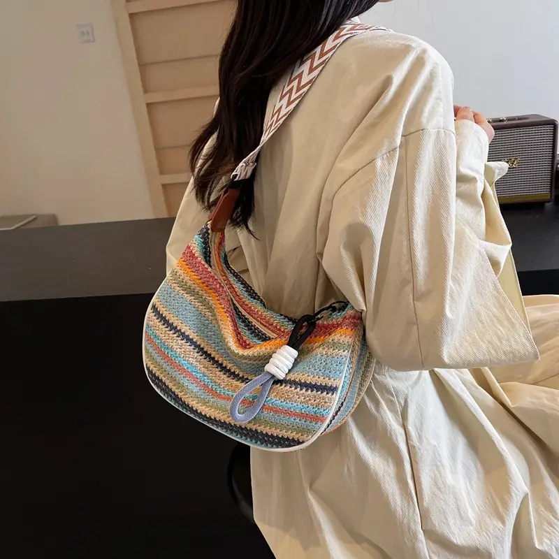 Rainbow Straw Bag Women's 2025 New Fashion Underarm Shoulder Bag - Image 5