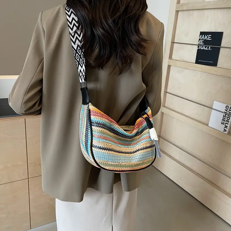 Rainbow Straw Bag Women's 2025 New Fashion Underarm Shoulder Bag - Image 6