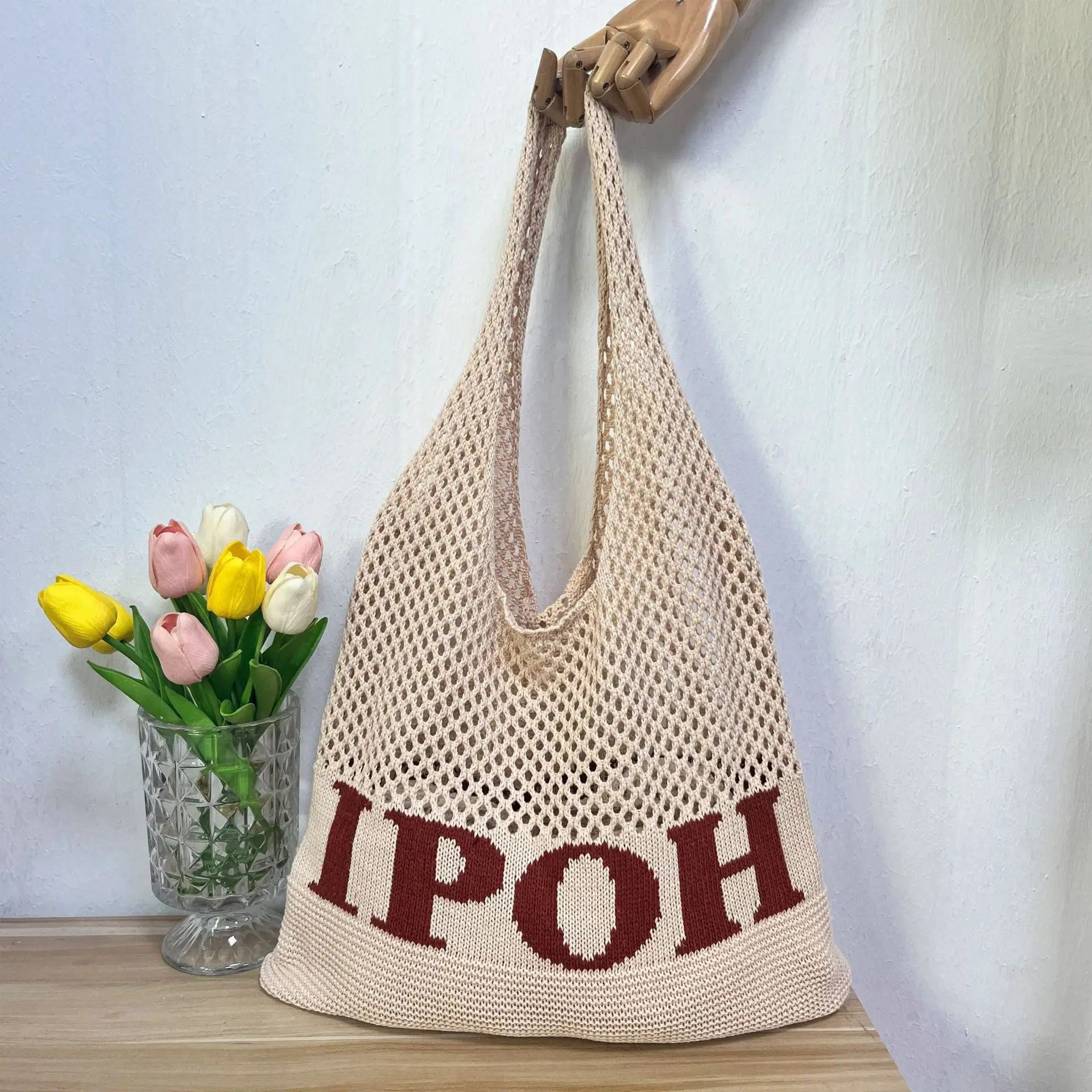 Retro Knitted Shoulder Bag with "IPOH" Print
