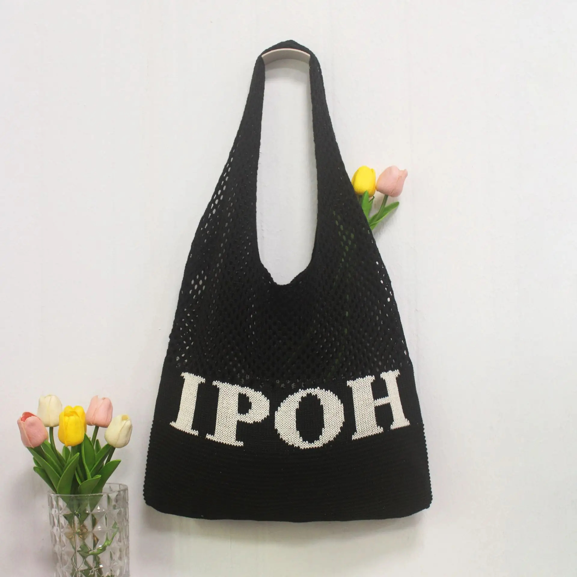 Retro Knitted Shoulder Bag with "IPOH" Print