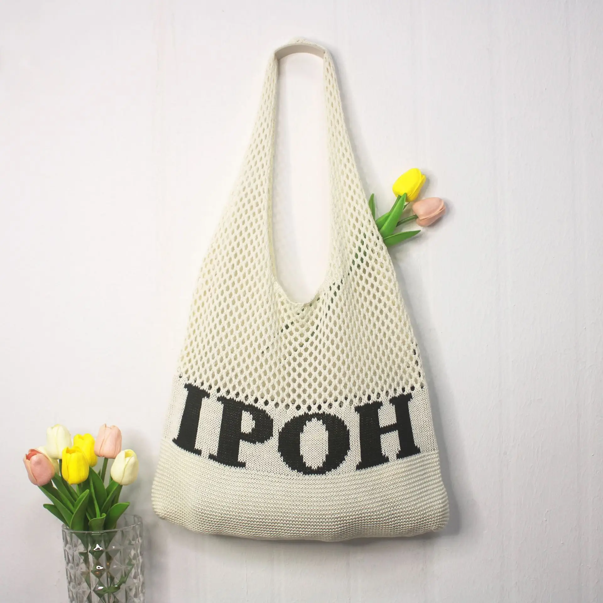 Retro Knitted Shoulder Bag with "IPOH" Print